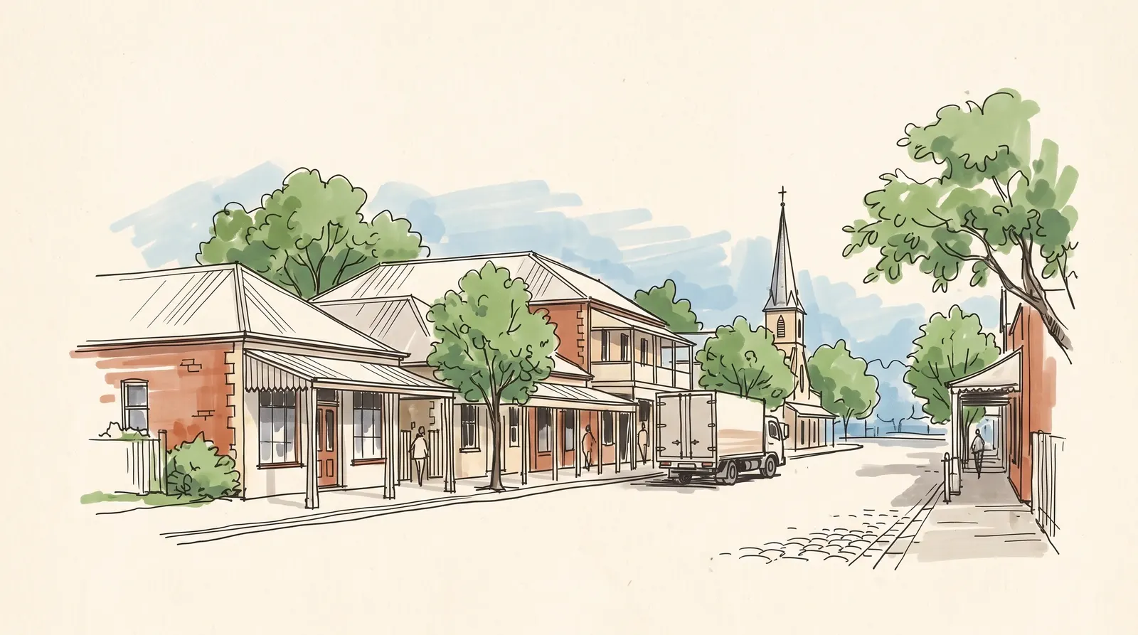 A hand-drawn sketch of Camden, 2570, showing its character and a removal truck