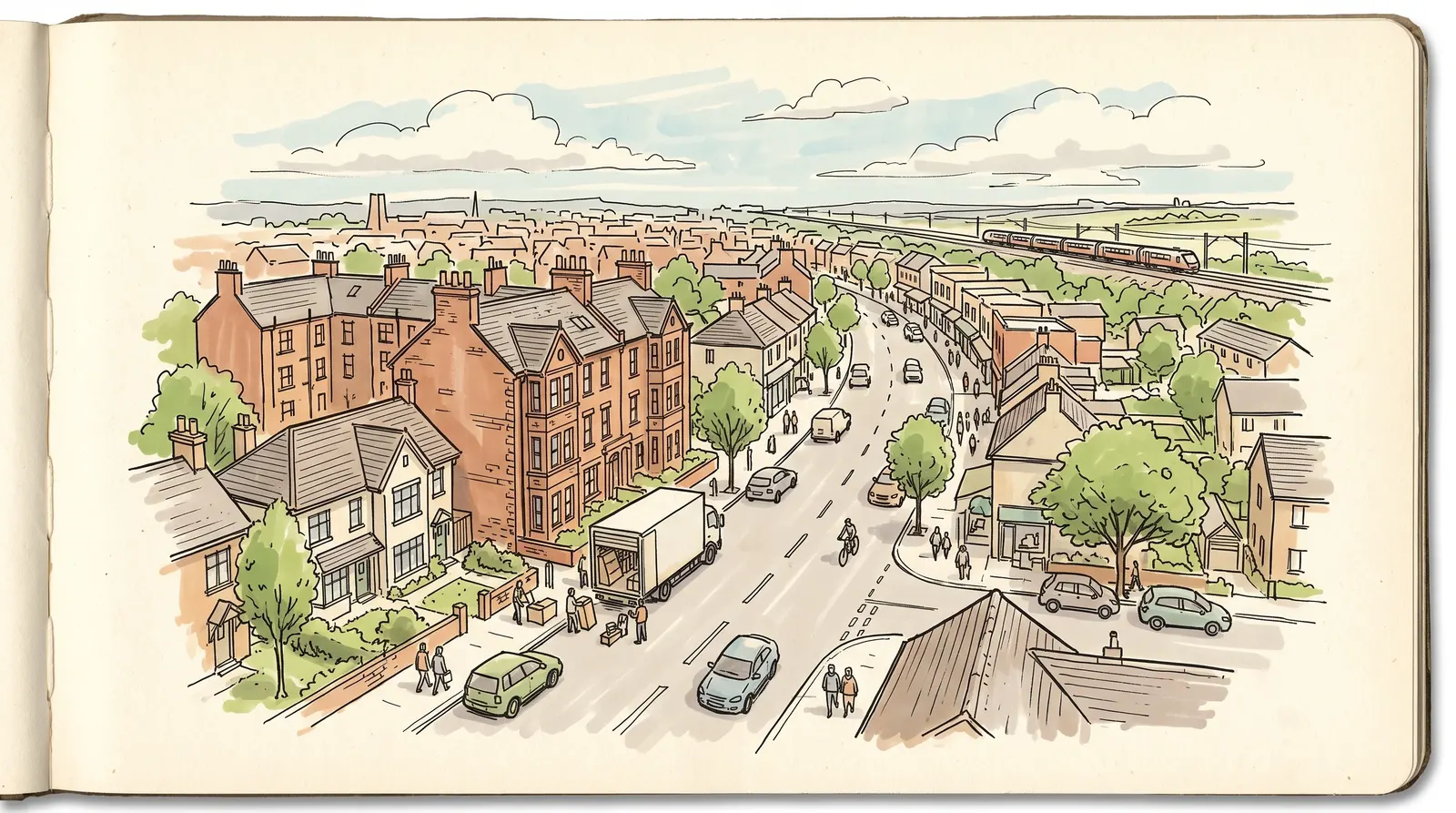 A hand-drawn sketch of Campbelltown, 2560, showing its character and a removal truck
