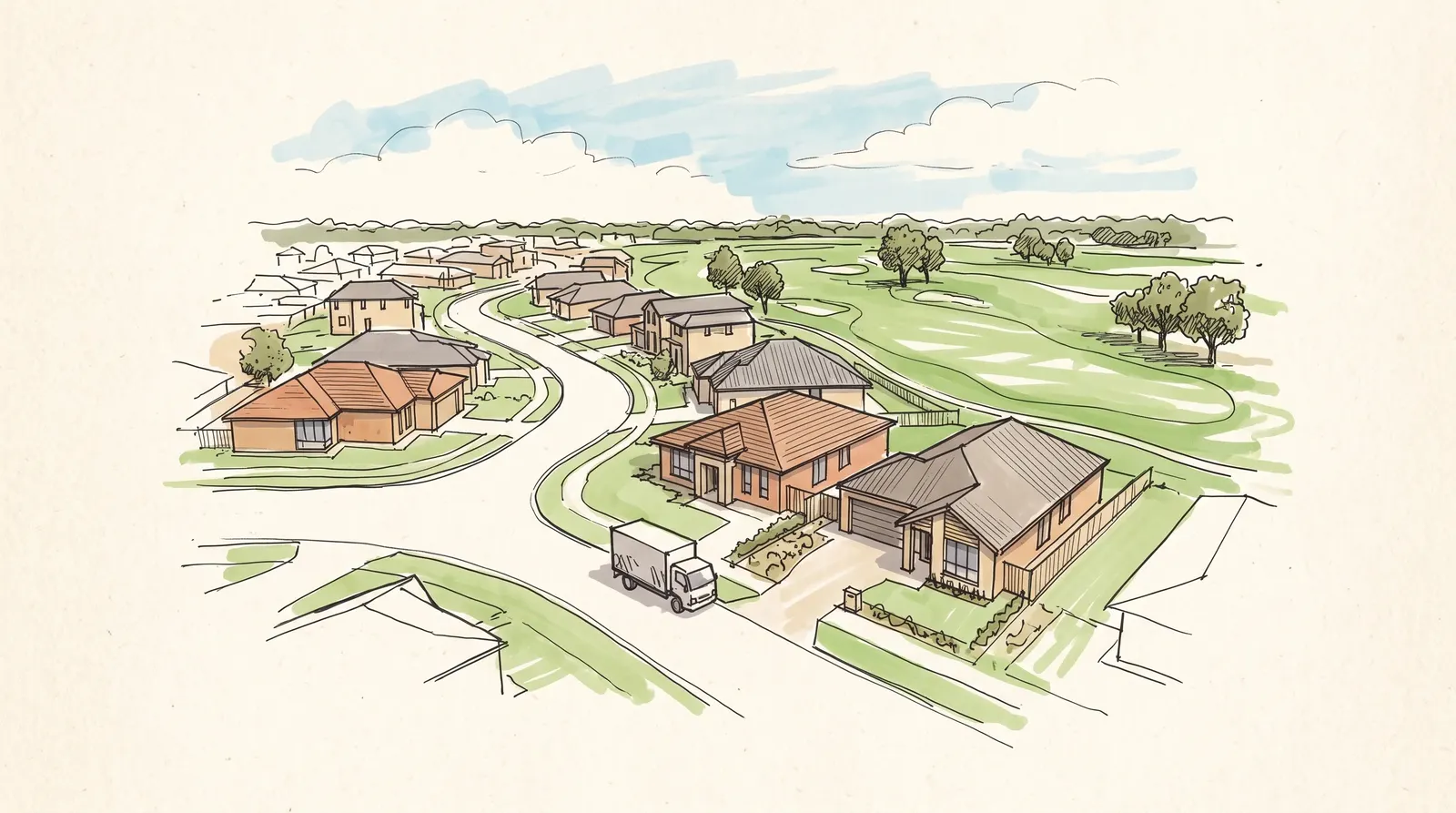 A hand-drawn sketch of Gledswood Hills, 2557, showing its character and a removal truck