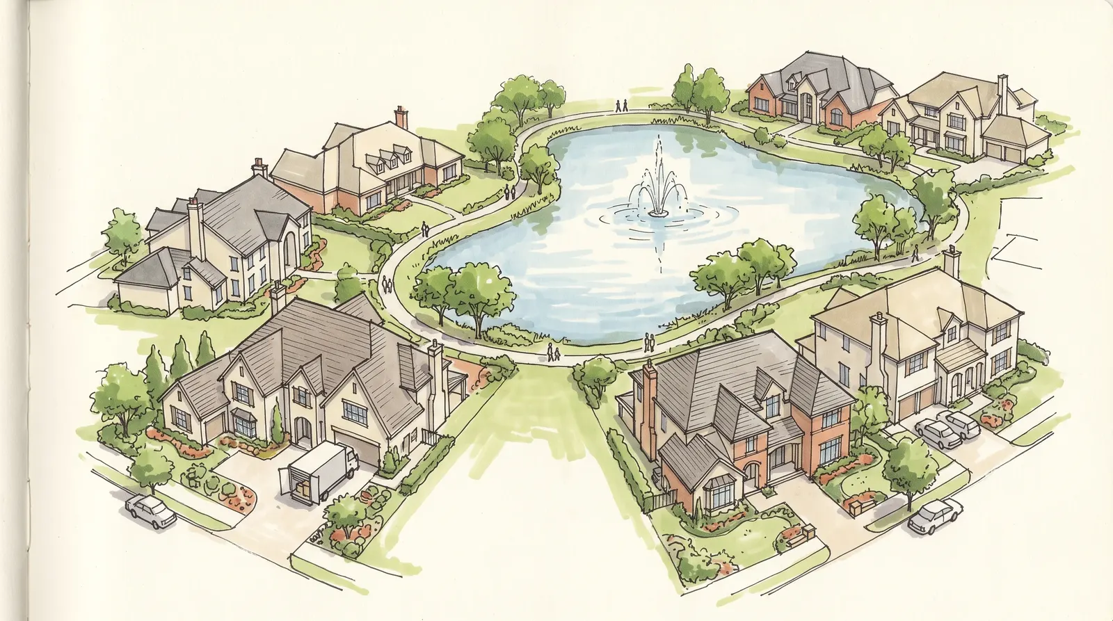 A hand-drawn sketch of Harrington Park, 2567, showing its character and a removal truck