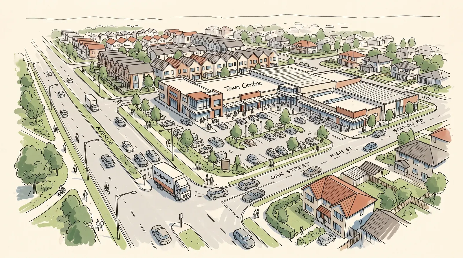 A hand-drawn sketch of Narellan, 2567, showing its character and a removal truck