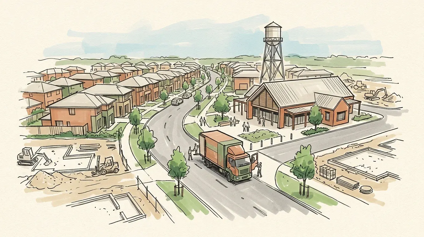 A hand-drawn sketch of Oran Park, 2570, showing its character and a removal truck