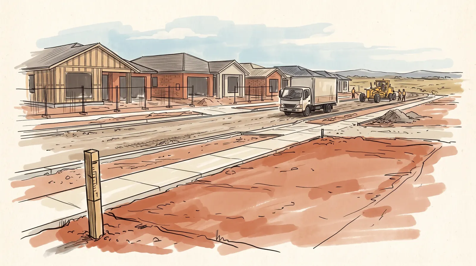 A hand-drawn sketch of Spring Farm, 2570, showing its character and a removal truck